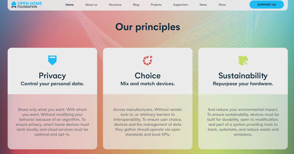 Screenshot von den Open Home Foundation Prinzipien (Privatsphäre, Wahlfreiheit, Nachhaltigkeit)